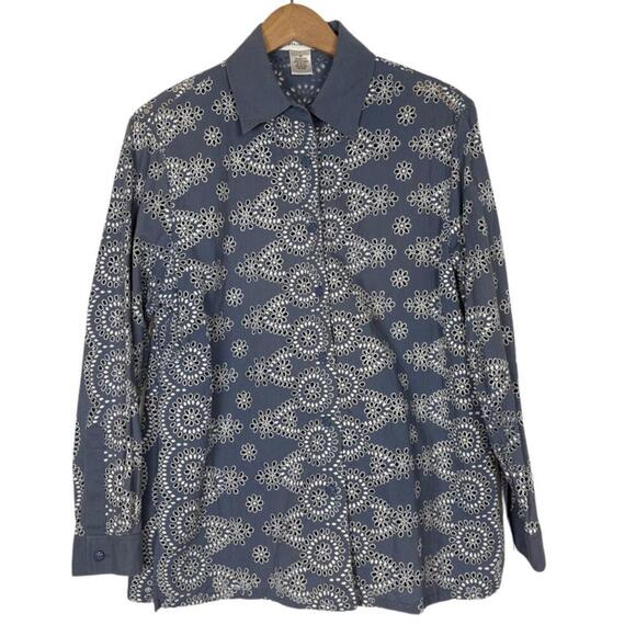 Draper's & Damon's Blue and White Eyelet Button Up Blouse Size: M - Picture 1 of 6